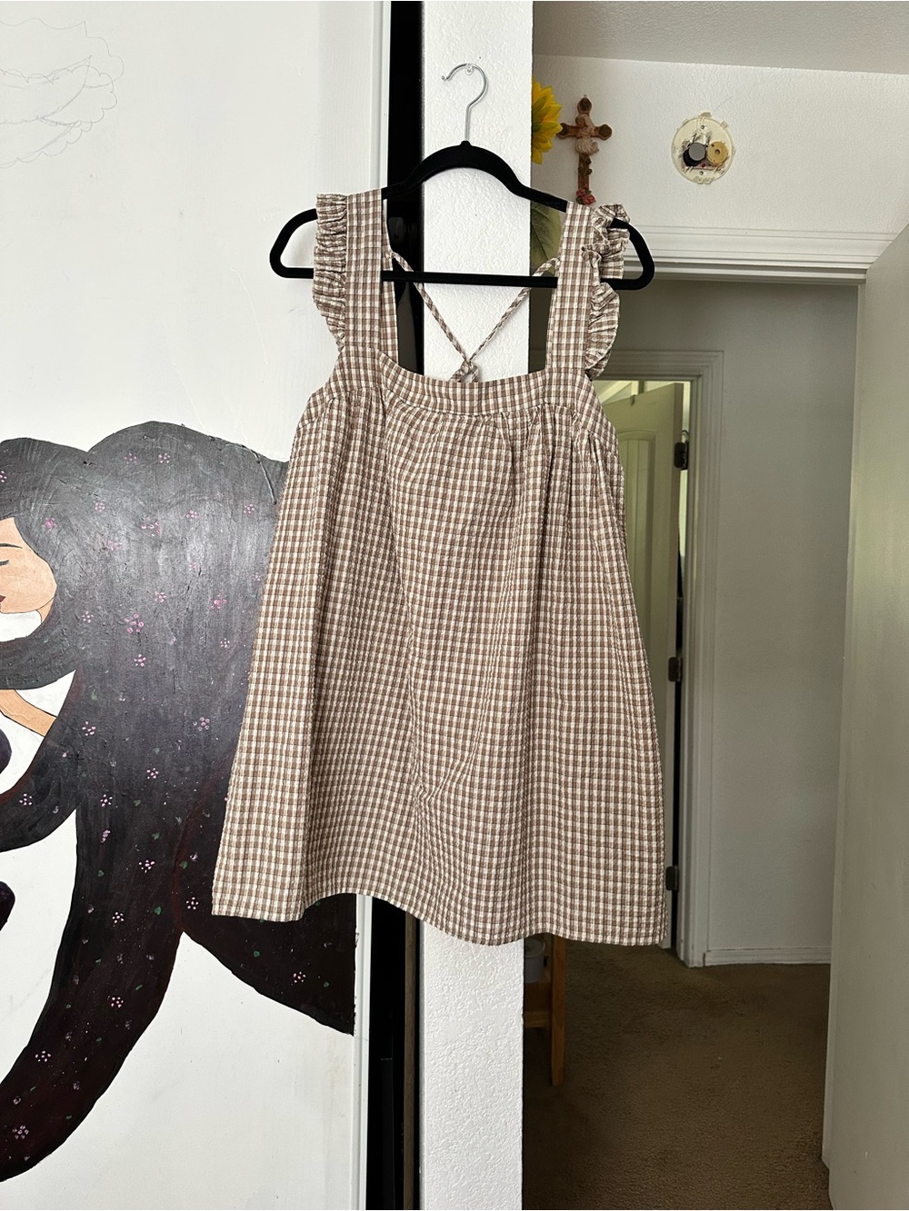 Girls' Brown Gingham Ruffle-Strap Dress